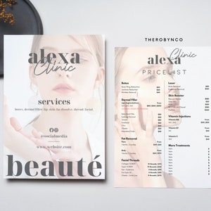 May include: A white and gray flyer for Alexa Clinic, a beauty clinic offering services such as Botox, dermal fillers, lip skin, fat dissolve, thread, and facials. The flyer includes a price list for various treatments, including laser, skin boosters, vitamin injections, and more.