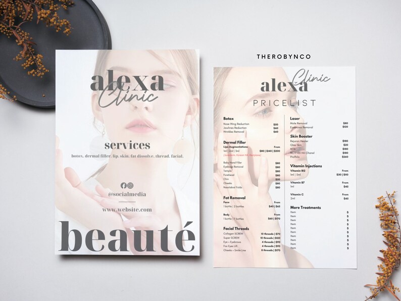 May include: A white and gray flyer for Alexa Clinic, a beauty clinic offering services such as Botox, dermal fillers, lip skin, fat dissolve, thread, and facials. The flyer includes a price list for various treatments, including laser, skin boosters, vitamin injections, and more.