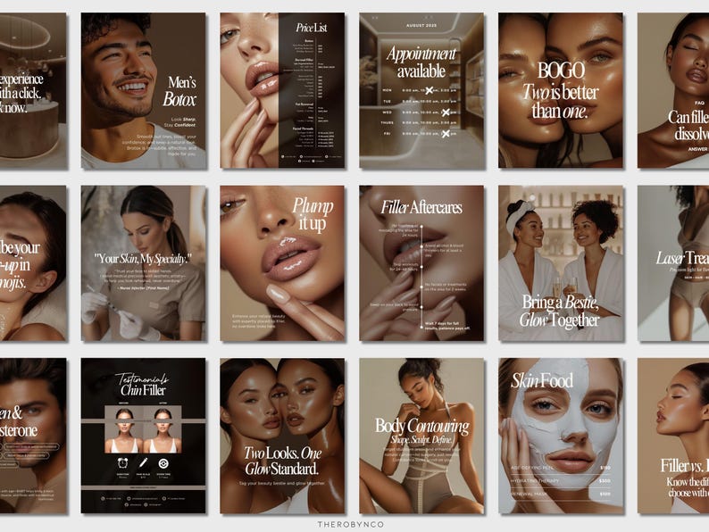 May include: A collage of nine images promoting beauty and wellness services. The images feature close-ups of faces with various treatments, including Botox, fillers, and skin care. The text on the images includes phrases like 'Men's Botox', 'Plump it up', 'Two is better than one', 'Bring a Bestie, Glow Together', and 'Skin Food'. The images are set against a neutral background with a minimalist design.