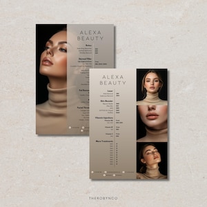 Puede incluir: Dos folletos con el texto "ALEXA BEAUTY" y una lista de servicios, incluyendo Botox, Dermal Filler, Fat Removal y Facial Therapy. Los folletos presentan imágenes de una mujer con un cuello alto beige.