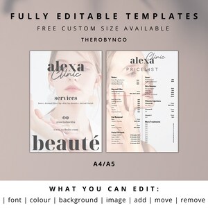 May include: A printable template for a beauty clinic price list. The template features a woman's face with the text "alexa clinic" and "beaut&eacute;" in black and white. The price list includes services such as Botox, Dermal Filler, Laser, Skin Booster, Fat Removal, Facial Threads, and more treatments.