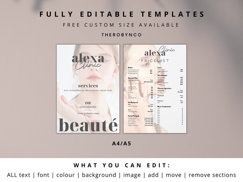May include: A printable template for a beauty clinic price list. The template features a woman's face with the text "alexa clinic" and "beaut&eacute;" in black and white. The price list includes services such as Botox, Dermal Filler, Laser, Skin Booster, Fat Removal, Facial Threads, and more treatments.