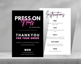 Neon How To Apply Press On Nails Instructions Guide Card Templates, Editable, Printable, Instant, Nails Business, Nail Care, Nail Black Pink