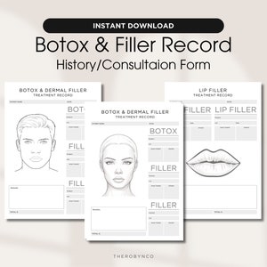 Modulo di registrazione per trattamento labbra viso con botox e filler dermico PDF, cartella clinica del paziente, pronto per la stampa, design del modello Modulo Medspa per iniettore infermieristico Aggiungi logo