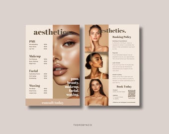 DIY Beauty Salon Flyer Price List and Booking Policy Templates Design, Hair Nail Makeup Editable Printable Promotion Esthetician PMU Canva