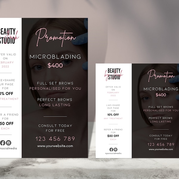 PMU Microblading Brows Flyer Promo Design Templates, Editable, Printable, Instagram, Embroidery, Advertisement Brand Awareness Poster Ads