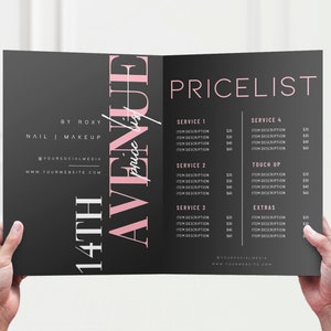 May include: A black and pink price list for nail and makeup services. The text reads "14th Avenue Pricelist" with service descriptions and prices. The document is held open by a person's hands.