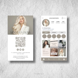 Op de afbeelding: Een mock-up van een social media profielpagina voor een bedrijf. De profielfoto is van een vrouw met lang blond haar. De profielnaam is "yourusername". Het profiel heeft 1.240 berichten, 4.880 volgers en 300 abonnementen. Het profiel bevat ook een call-to-action-knop om te "Volgen". Het profiel bevat ook een QR-code, een telefoonnummer, een websiteadres en een social media-handle.