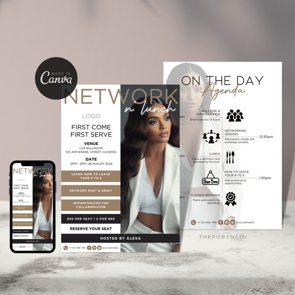 DIY Network Lunch Flyer Templates Design, Networking Women's Empowerment Flyer Conference Event Flyer, Entrepreneur Lady Boss Babe, Canva