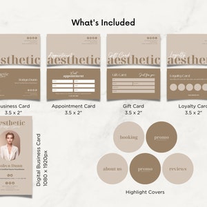 May include: A set of printable business cards, gift cards, and loyalty cards with a minimalist aesthetic design. The cards are in a light brown color with the text "aesthetic" in a bold, handwritten font. The cards are 3.5 inches by 2 inches. There are also five round highlight covers with the text "booking", "promo", "about us", "promo", and "reviews".