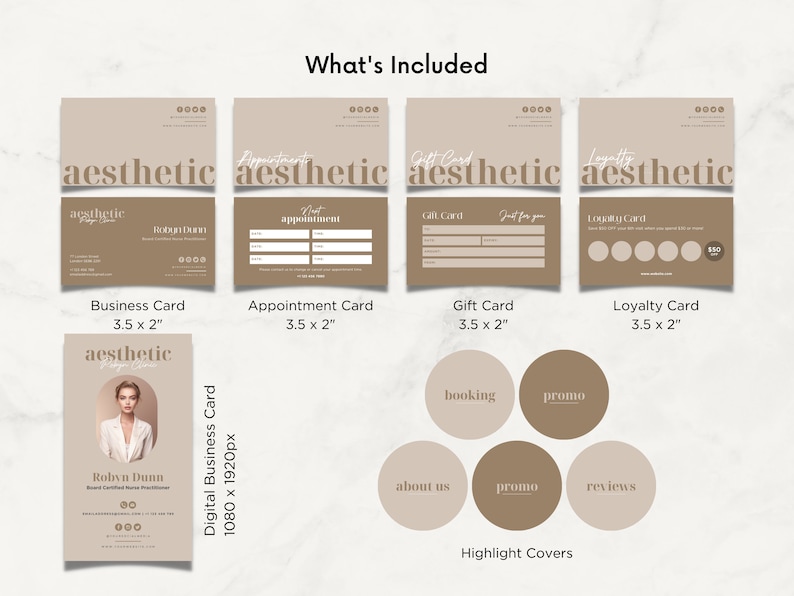 May include: A set of printable business cards, gift cards, and loyalty cards with a minimalist aesthetic design. The cards are in a light brown color with the text "aesthetic" in a bold, handwritten font. The cards are 3.5 inches by 2 inches. There are also five round highlight covers with the text "booking", "promo", "about us", "promo", and "reviews".