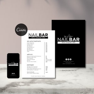 Lista de preços completa para salão de unhas Modelos pré-fabricados, editáveis, imprimíveis, instantâneos, manicure de beleza, design de preços, menu de cabelo minimalista