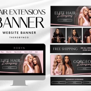 DIY Hair Extensions Website Banner Shopify Bundle Set Templates Design, Editable, Instant, Large Rose Gold Metallic Web Banner Fashion Store
