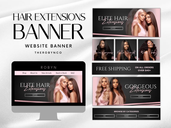 DIY Hair Extensions Website Banner Shopify Bundle Set Templates Design,  Editable, Instant, Large Rose Gold Metallic Web Banner Fashion Store 