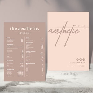 Modelos de design de lista de preços estéticos DIY, lista completa pré-fabricada, preenchimento labial de botox, injetáveis para remoção de gordura, salão de beleza, catálogo de menus