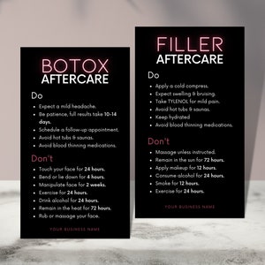 DIY Botox Filler Nazorg Kaartontwerp Mini-sjablonen, bewerkbaar, afdrukbaar, instant, esthetische schoonheidspostverzorging, injectables, gezichtsgids