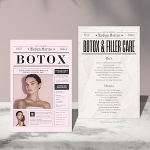 DIY Botox Filler nazorg kaart ontwerp minisjablonen, bewerkbare afdrukbare instant esthetische schoonheidsverzorging, injectables, krantstijl