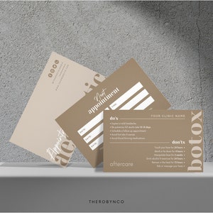May include: A brown card with the text "Next appointment" and "Botox" in white. The card has a list of "do's" and "don'ts" for aftercare. The text "Your Clinic Name" is at the top of the card.