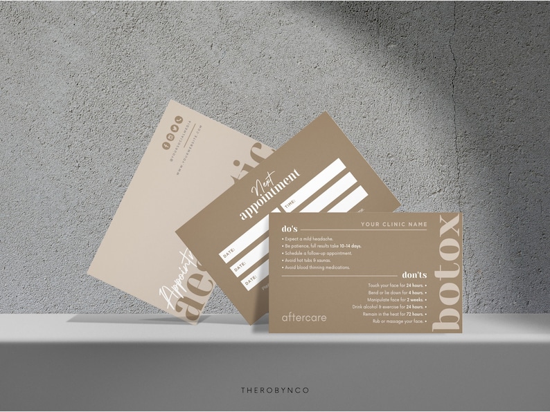 May include: A brown card with the text "Next appointment" and "Botox" in white. The card has a list of "do's" and "don'ts" for aftercare. The text "Your Clinic Name" is at the top of the card.