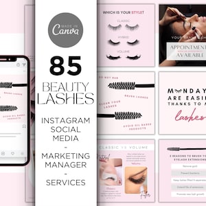Puede incluir: Una plantilla de diseño gráfico rosa y blanca para marketing en redes sociales para un negocio de pestañas de belleza. La plantilla incluye imágenes de pestañas, cepillos y texto que dice "85 Beauty Lashes", "Instagram Social Media", "Marketing Manager", "Services", "Los lunes son más fáciles gracias a mis pestañas", "¿Cuál es tu estilo?", "Clásico", "Híbrido", "Volumen", "No frotar", "Limpia tus pestañas", "Cepilla tus pestañas", "Evita productos a base de aceite", "Clásico vs Volumen", "5 razones para cepillar tus extensiones de pestañas", "Eliminar la suciedad", "Prevenir bacterias", "Mantener las pestañas levantadas y separadas", "Extender la vida útil de las extensiones", "Promover el crecimiento de nuevas pestañas", y "Citas disponibles".