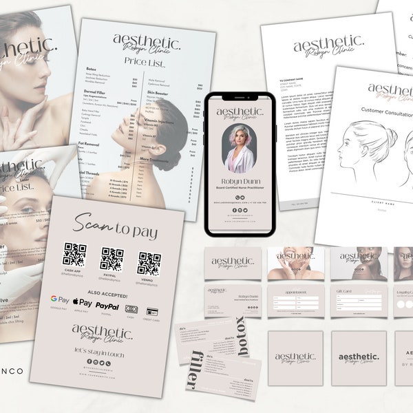 Grand 23+ AESTHETIC Botox Filler Branding Kit Bundle Templates Design, Brand Kit, Liste de prix, Logo, Identité, Modifiable Imprimable, Canva