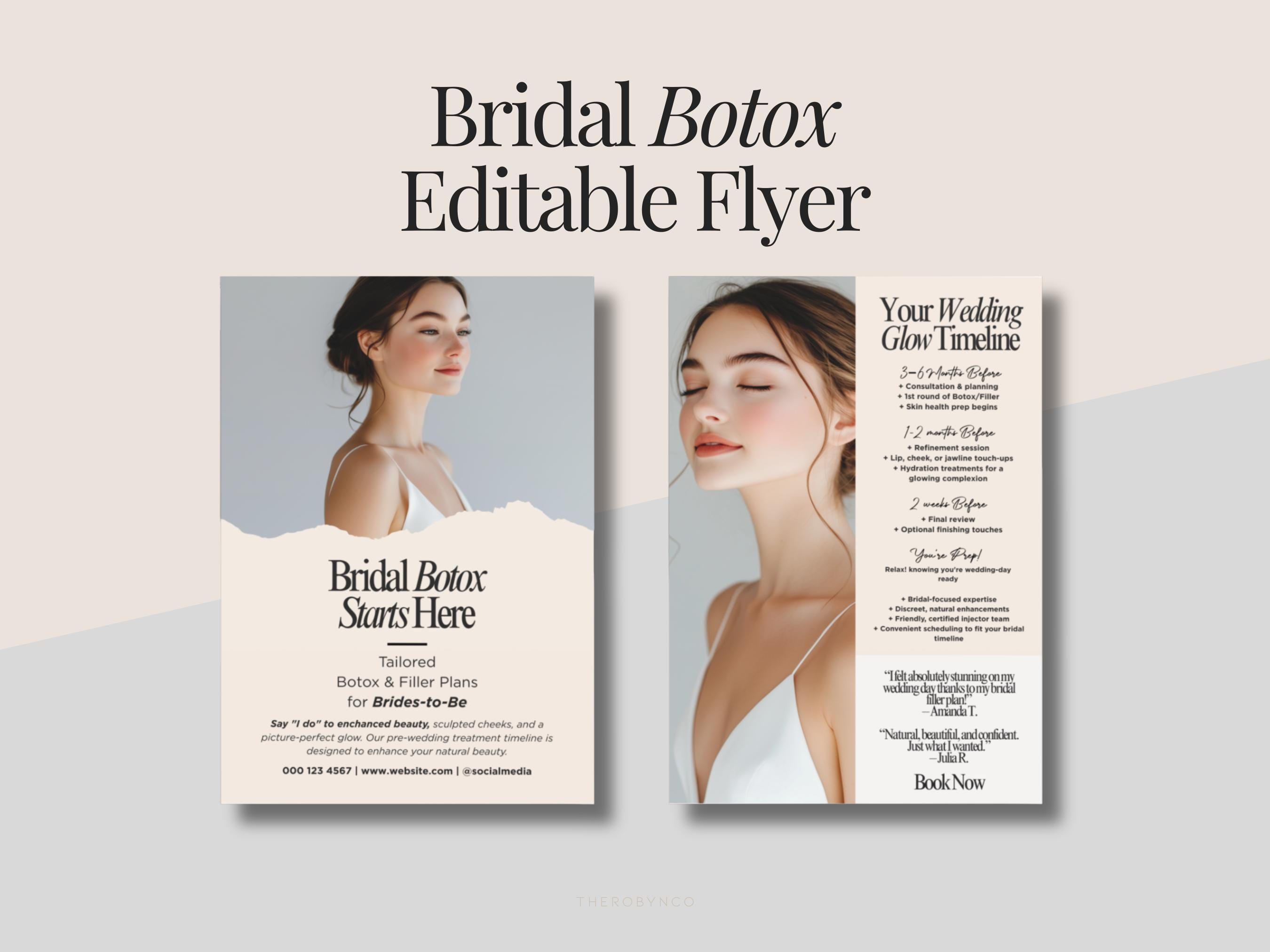 Bride To Be Botox Filler Plan Flyer Templates Design Package Promotion Beauty Medspa Esthetician, Wedding Day Botox Party Timeline Editable