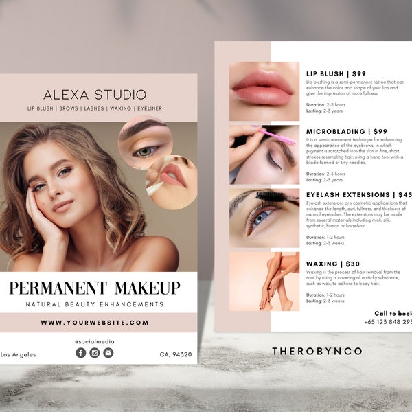 Beauty Flyer Brand Awareness Templates, Hair Nail Makeup Salon, Editable, Printable, Instant, Promotion, Pink Modern Minimalist, PMU Ads