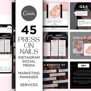DIY 45 Drücken Sie auf die Nägel Instagram IG-Vorlagen Design, Maniküre-Schönheitssalon Geschäft Bearbeitbar Druckbar, sofortiger Zugriff, False Nail Tip Flyer