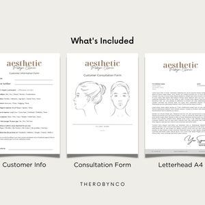 May include: Three printable documents for an aesthetic clinic: a customer information form, a consultation form with a line drawing of a woman's face, and a letterhead with the clinic's name and logo.