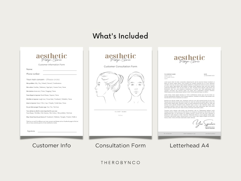 May include: Three printable documents for an aesthetic clinic: a customer information form, a consultation form with a line drawing of a woman's face, and a letterhead with the clinic's name and logo.