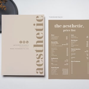 May include: Aesthetic price list on a beige background with the text "the aesthetic. price list". The list includes services like Botox, Dermal Filler, and Vitamin Injections. The word "aesthetic" is written vertically in a darker beige color.