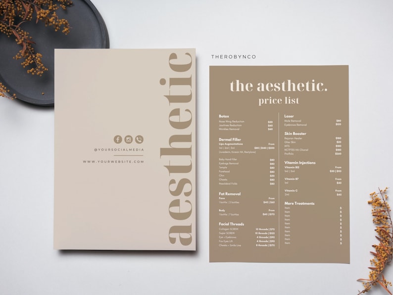 May include: Aesthetic price list on a beige background with the text "the aesthetic. price list". The list includes services like Botox, Dermal Filler, and Vitamin Injections. The word "aesthetic" is written vertically in a darker beige color.