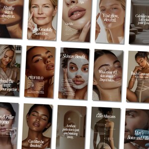 May include: A collage of images promoting beauty and skincare services. The images feature models with different skin tones and ages, showcasing various treatments like Botox, fillers, and body contouring. The text includes phrases like "Healthy skin is always in", "Aging Gracefully Starts Here", and "Your glow, elevated".