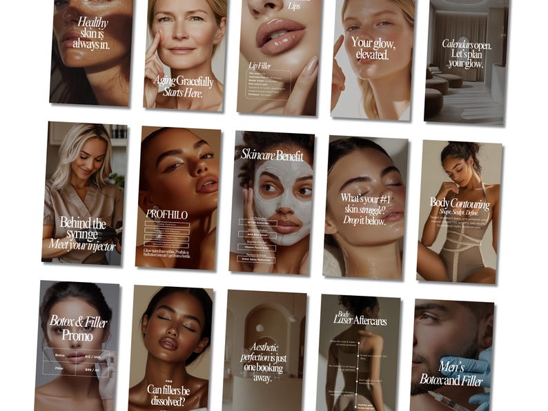 May include: A collage of images promoting beauty and skincare services. The images feature models with different skin tones and ages, showcasing various treatments like Botox, fillers, and body contouring. The text includes phrases like "Healthy skin is always in", "Aging Gracefully Starts Here", and "Your glow, elevated".
