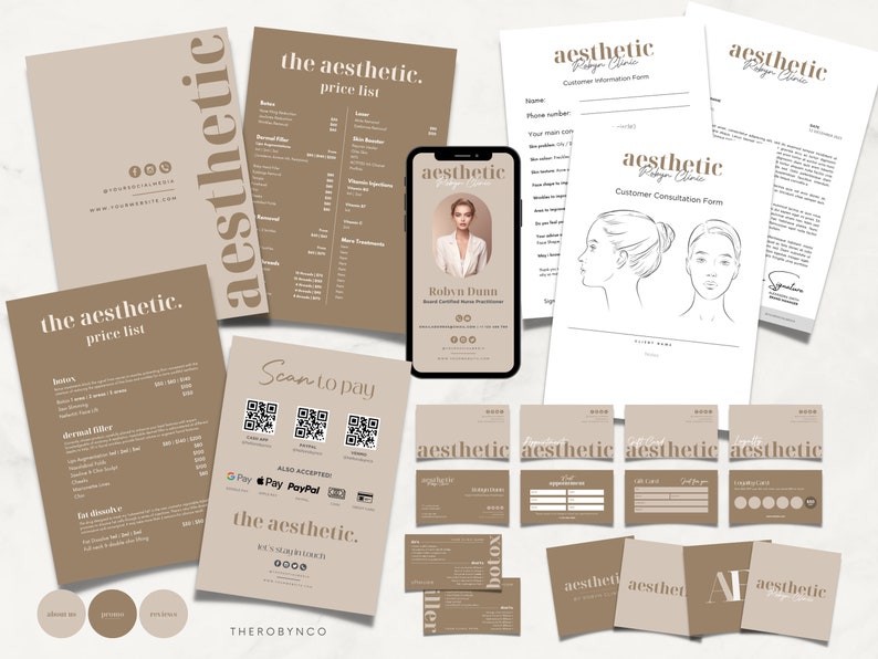 May include: A set of marketing materials for an aesthetic clinic. The materials include a price list, a customer consultation form, a scan to pay QR code, and business cards. The color scheme is brown and white.
