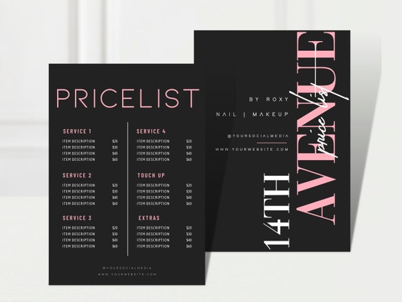 ROXY DIY Price List Templates, Printable, Editable, Instant, Pink, Beauty Salon Hair Nail Makeup Lash Brow, Menu Catalog Restaurant Design