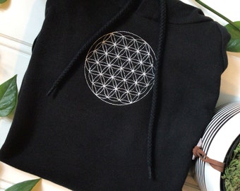 Embroidery  Organic Cotton"Flower of Life" Hoodie, Unisex, Geometric, Spiritual Symbol, Made in USA, Black, petraembroidery Soft, Size Small