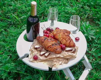 Portable Folding Wine and Champagne Picnic Table with Holder for Glases -Table for Outdoors, Events or Romantic Dinners Best Wedding Gift