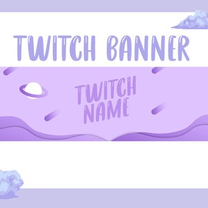 May include: Purple and white Twitch banner template with the text "Twitch Banner" at the top and "Twitch Name" in the center. The banner features a purple and white gradient background with a planet and shooting stars.