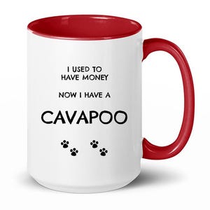 May include: White ceramic coffee mug with a red rim and handle. The mug has black text that reads "I used to have money now I have a Cavapoo" with four paw prints below the text.