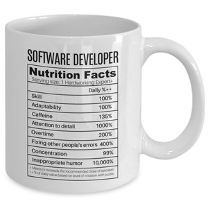 Może przedstawiać: Biały ceramiczny kubek do kawy z czarno-białym nadrukiem etykiety wartości odżywczych dla programisty. Etykieta zawiera procentowy udział dzienny umiejętności, zdolności adaptacyjnych, kofeiny, dbałości o szczeg&oacute;ły, nadgodzin, naprawiania błęd&oacute;w innych os&oacute;b, koncentracji i nieodpowiedniego humoru.