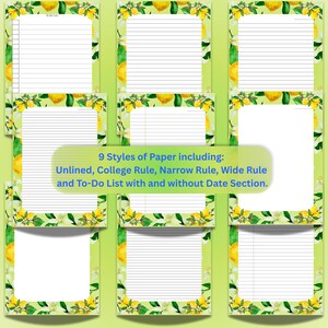 May include: Nine styles of paper are displayed, each with a lemon and floral border. The paper styles include unlined, college rule, narrow rule, wide rule, and to-do lists, some with date sections. The background is a light green.