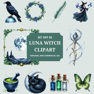 May include: A digital collection of 50 Luna Witch clipart elements including a black crow on a sphere, a blue rose wreath, a white feather, a witch figure, a moonlit frame, a crystal staff, a mortar and pestle, a cat on a moon, potions, and a butterfly.