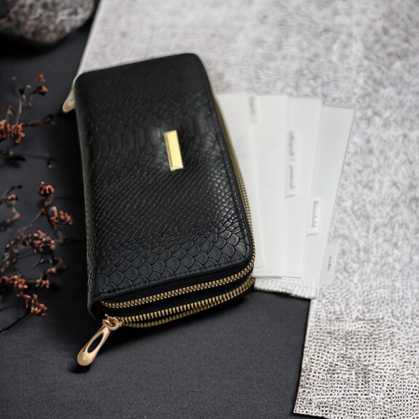 Schlangenlederprägung Metalldekor Lange Brieftasche mit Tab Cash Umschläge, Geldbörse für Frauen