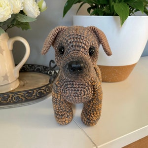 May include: A crocheted brown and gray dog toy with black eyes and a black nose.