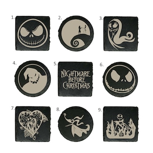 May include: Nine black slate coasters with different designs from the movie Nightmare Before Christmas. The designs include Jack Skellington's face, Sally, the Nightmare Before Christmas logo, and more.