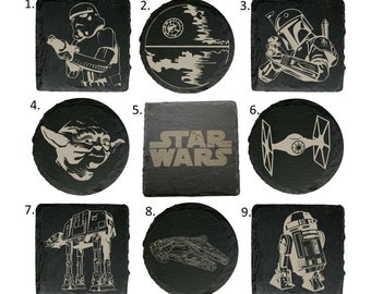 Star Wars Inspired Natural Slate Coasters 18 Designs Square or Round Great Gift, Birthday, Anniversary (R2D2 C3PO Stormtrooper Darth Vader)
