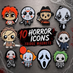 May include: A set of 10 horror icon fridge magnets featuring stylised cartoon characters from classic horror films. The collection includes figures with orange hair, hockey masks, striped sweaters, clown makeup, and masks, with text reading 10 HORROR ICONS FRIDGE MAGNETS.