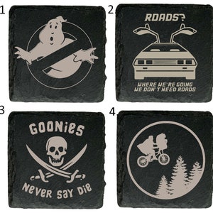 80's Retro Movie Inspired Natural Slate Coasters -  Ghostbusters, Back to the Future, Goonies, ET Great Gift