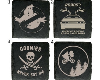 80&#39;s Retro Movie Inspired Natural Slate Coasters -  Ghostbusters, Back to the Future, Goonies, ET Great Gift